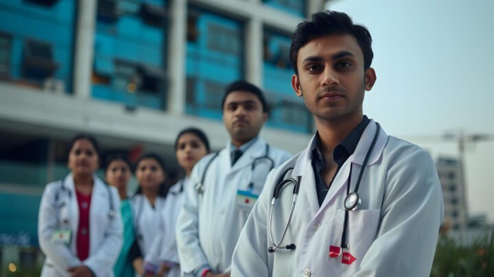 BAMS students in white coats with stethoscopes outside an Ayurveda medical college in Karnataka