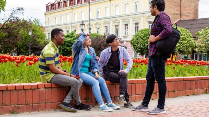PU college students chatting together on a college campus in Mangalore