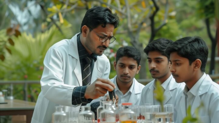 BNYS students preparing natural remedies with a faculty member at a naturopathy college in Karnataka