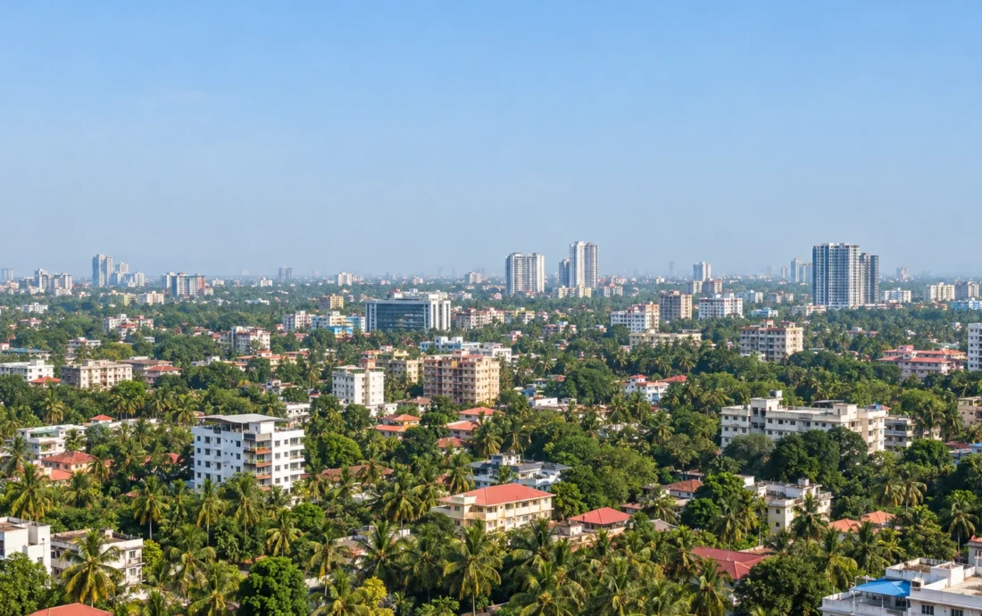 Aerial view of Mangalore city with residential apartment towers rising above coconut palms