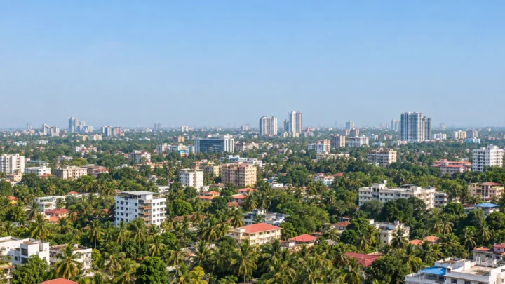 Aerial view of Mangalore city with residential apartment towers rising above coconut palms